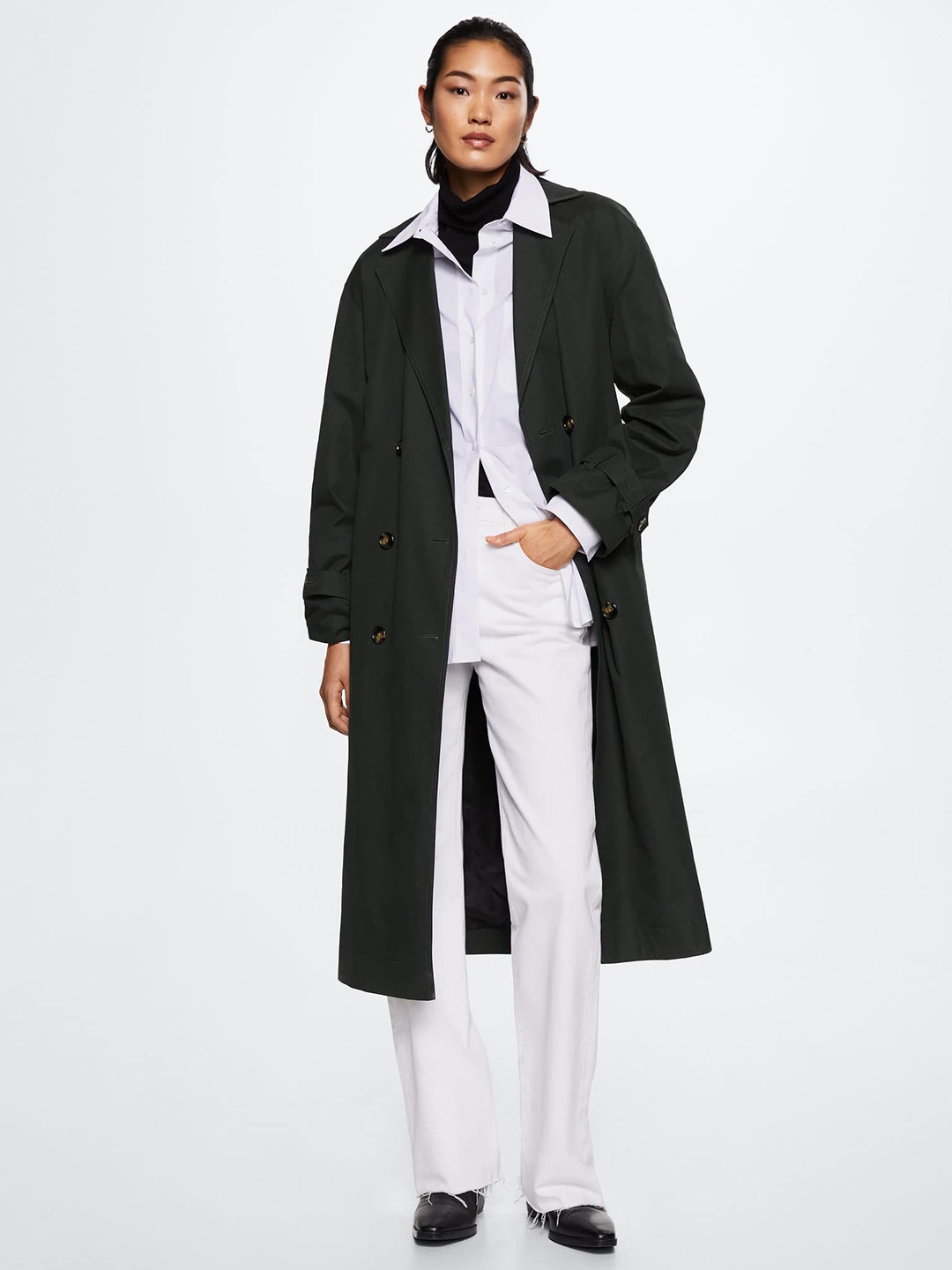 

MANGO Women Charcoal Grey Solid Oversized Longline Trench Coat