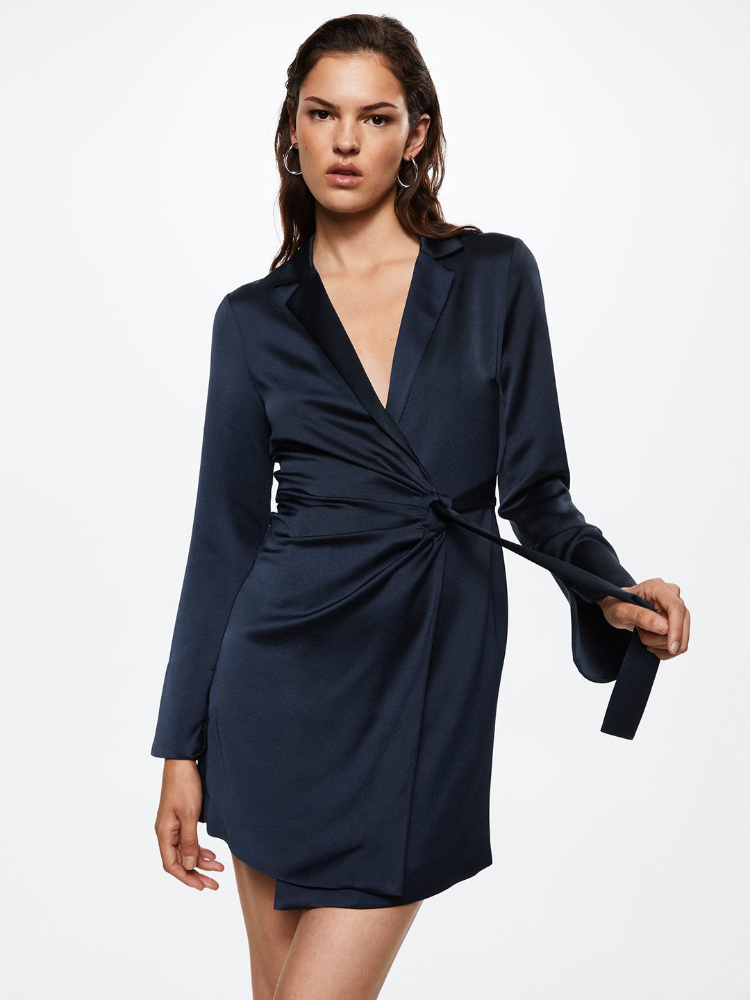 

MANGO Navy Blue A-Line Satin Dress