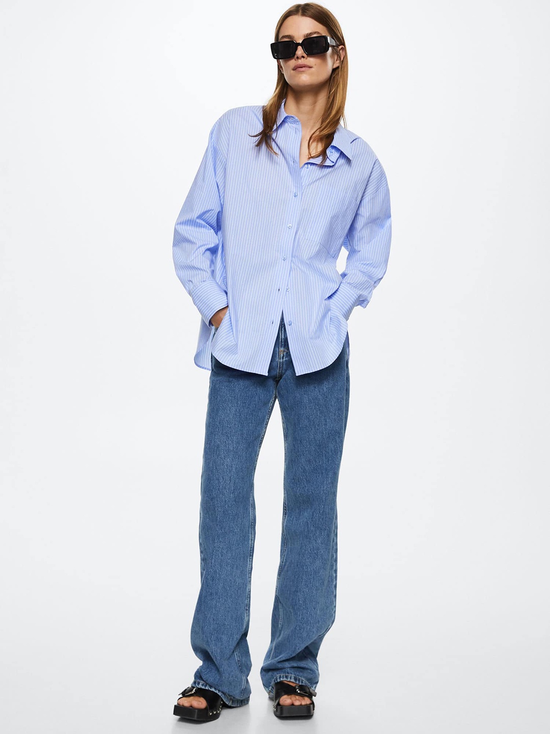 

MANGO Women Blue Pure Cotton Solid Oversized Casual Shirt