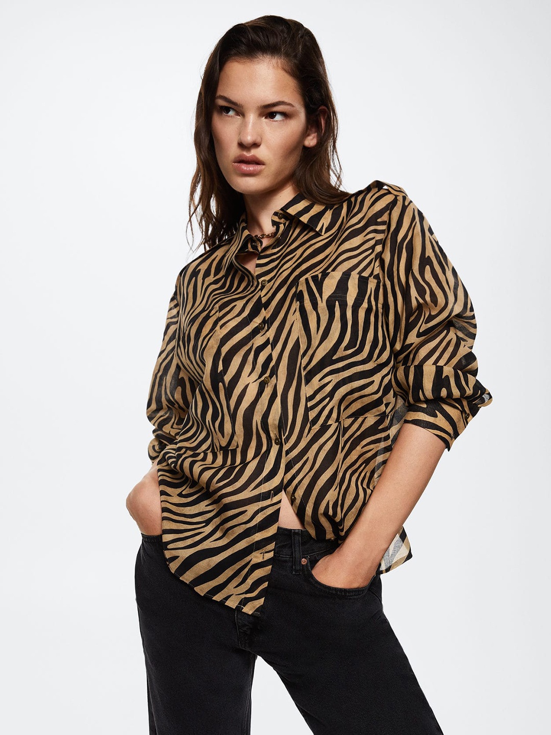 

MANGO Women Black & Brown Animal Striped Casual Cotton Shirt