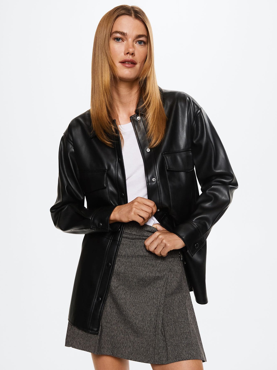 

MANGO Women Black Oversized Faux Leather Longline Shacket