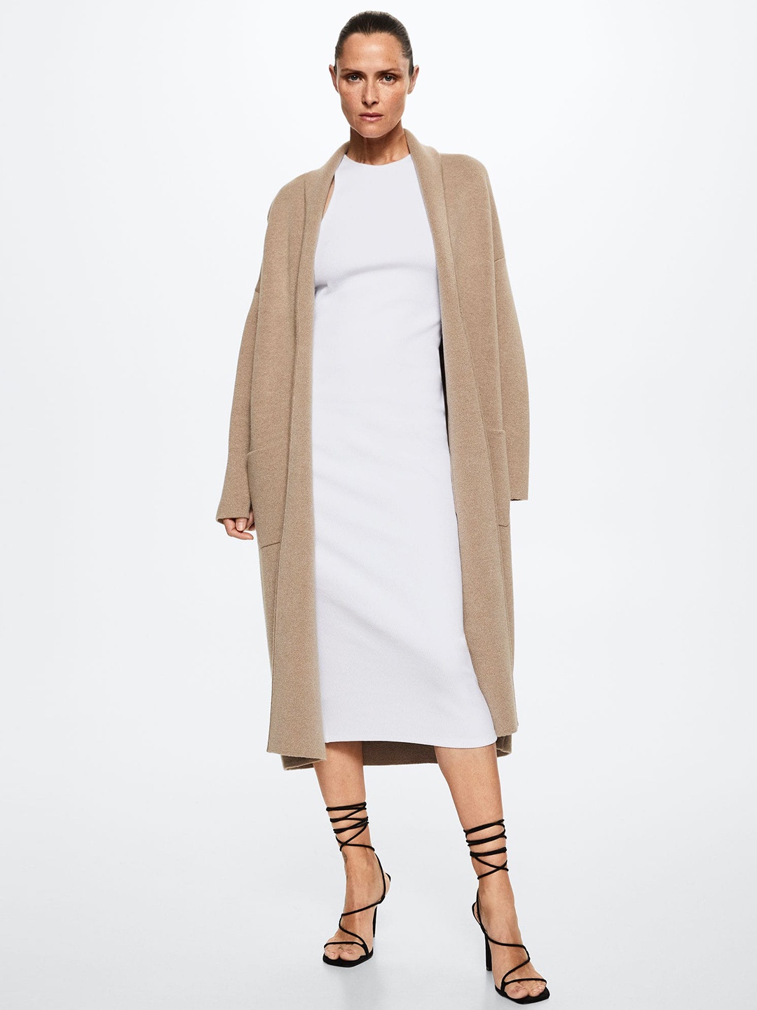 

MANGO Women Grey Solid Front-Open Oversized Knitted Longline Coat, Beige