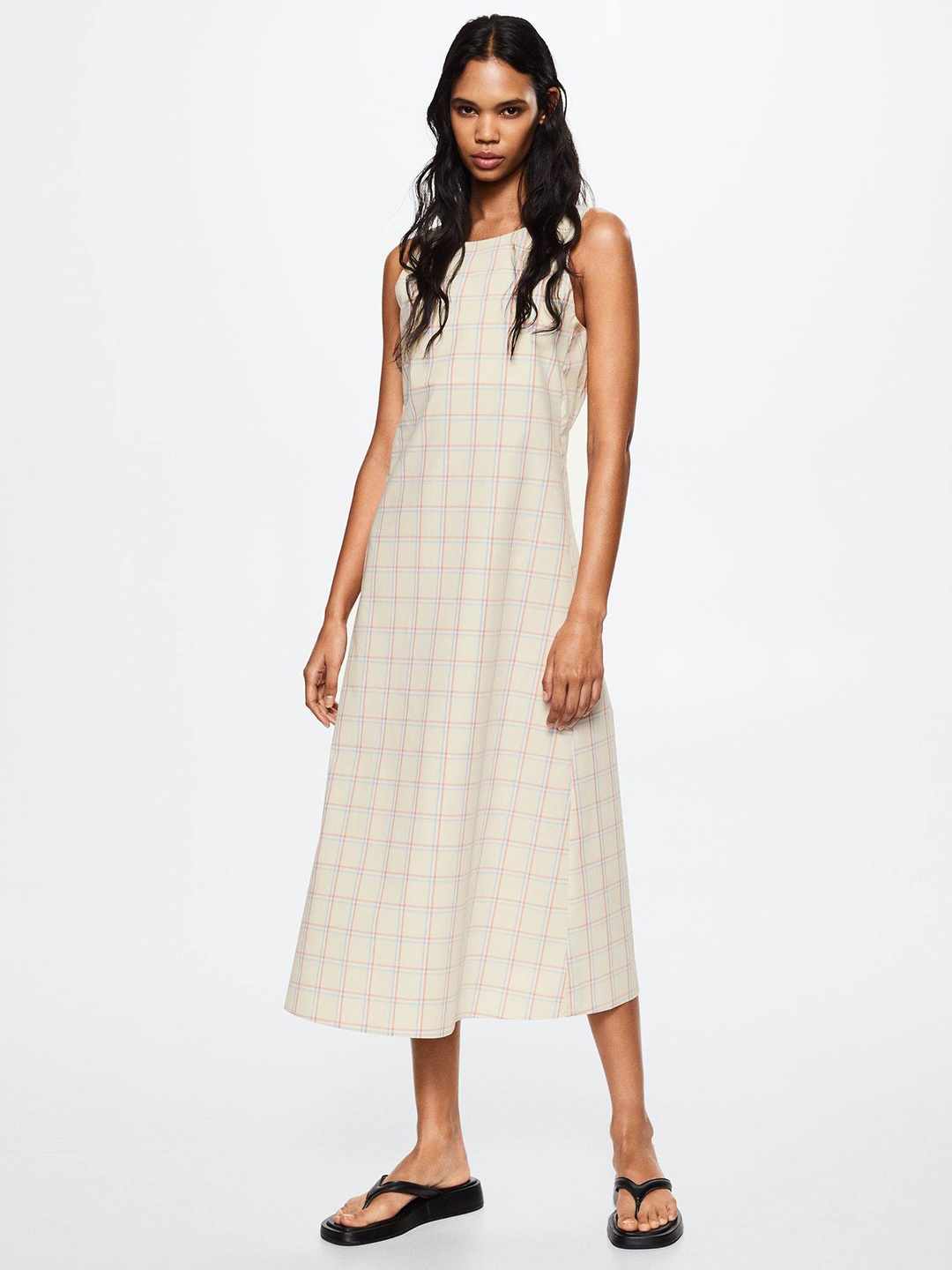 

MANGO Off White & Red Pure Cotton Checked A-Line Midi Dress