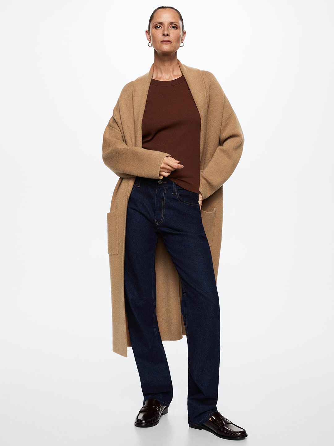 

MANGO Women Grey Solid Front-Open Oversized Knitted Longline Coat, Brown