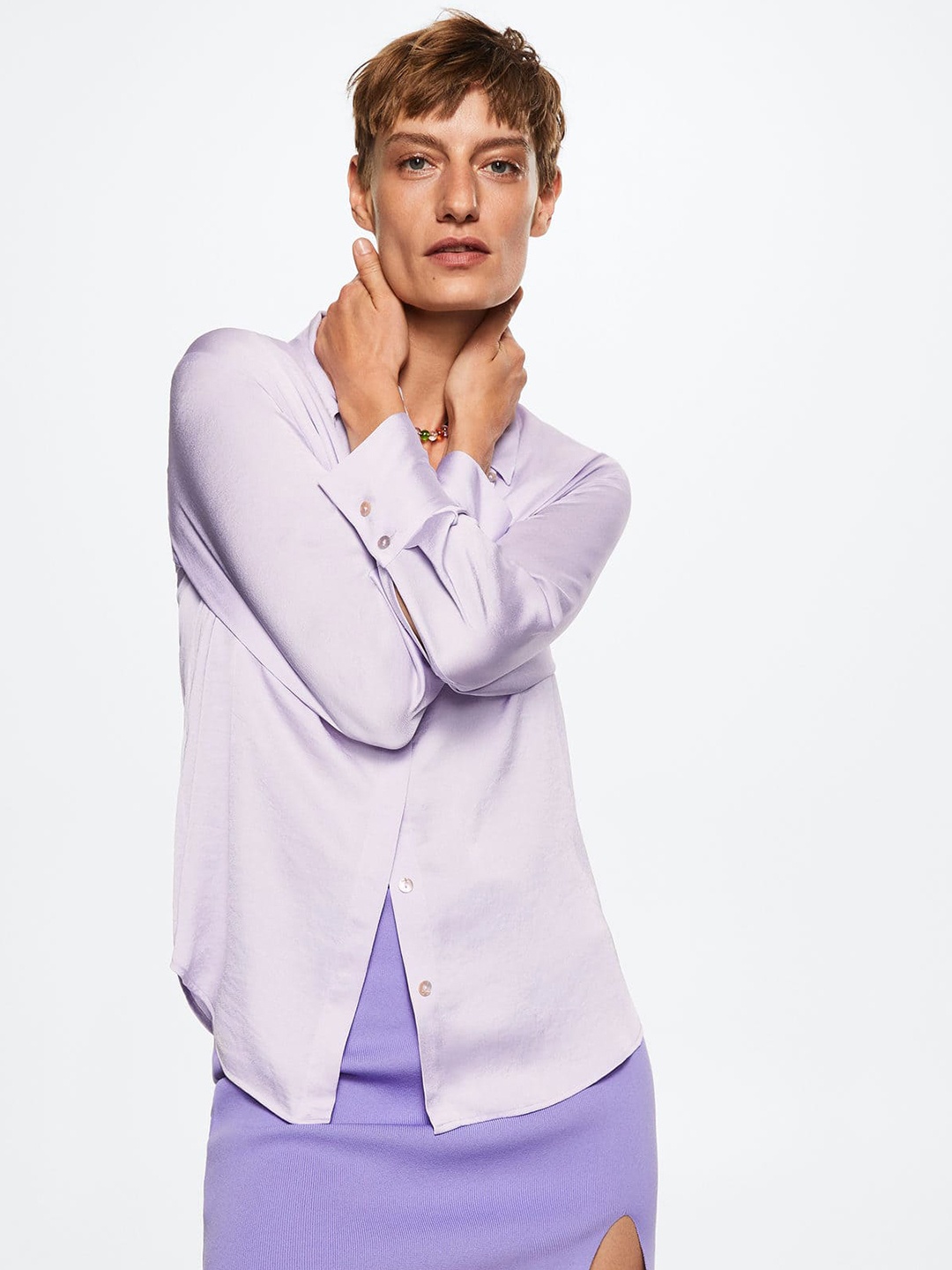 

MANGO Women Lavender Sustainable Satin Finish Shirt