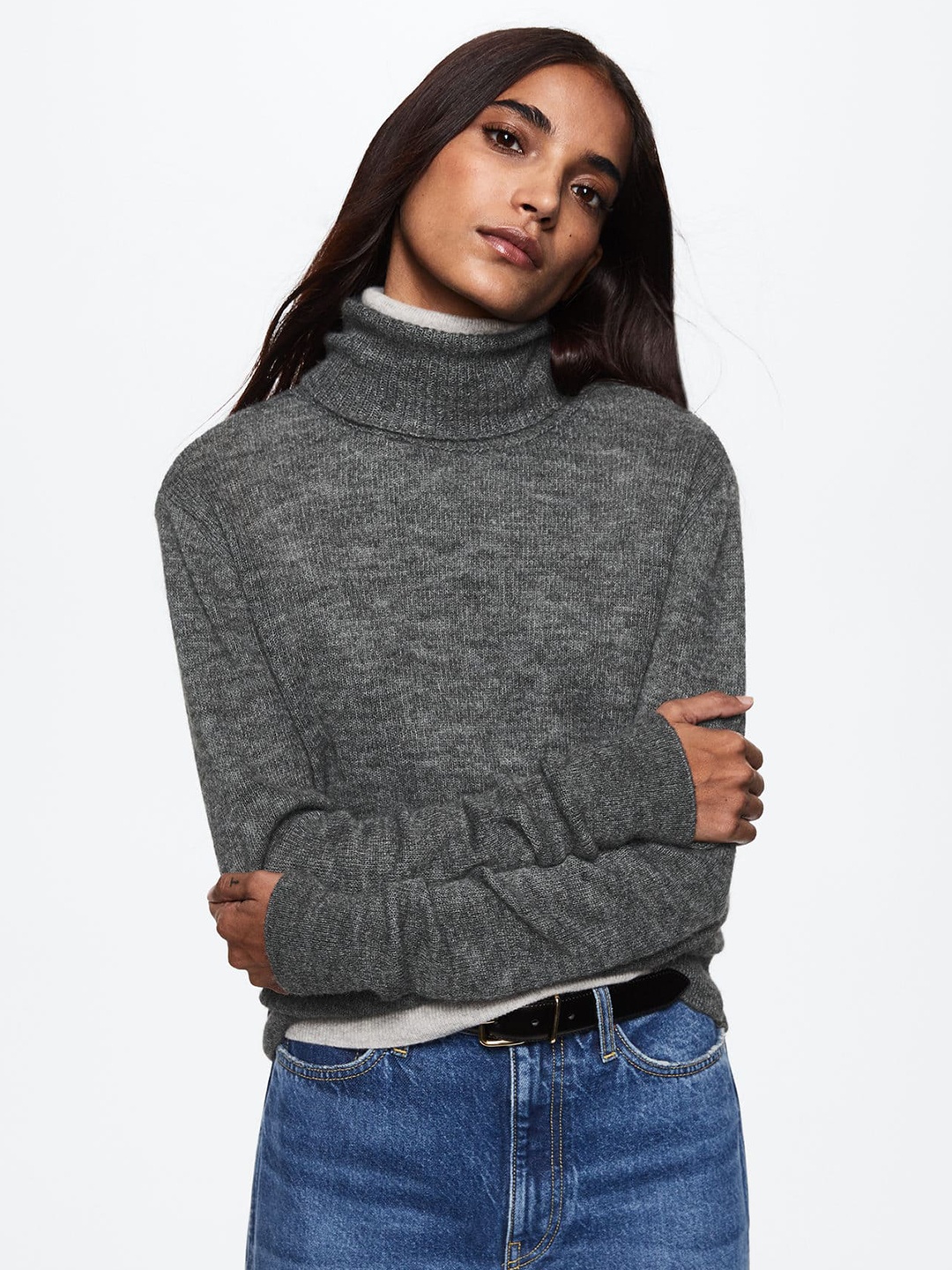 

MANGO Women Charcoal Grey Turtle Neck Melange Effect Pullover
