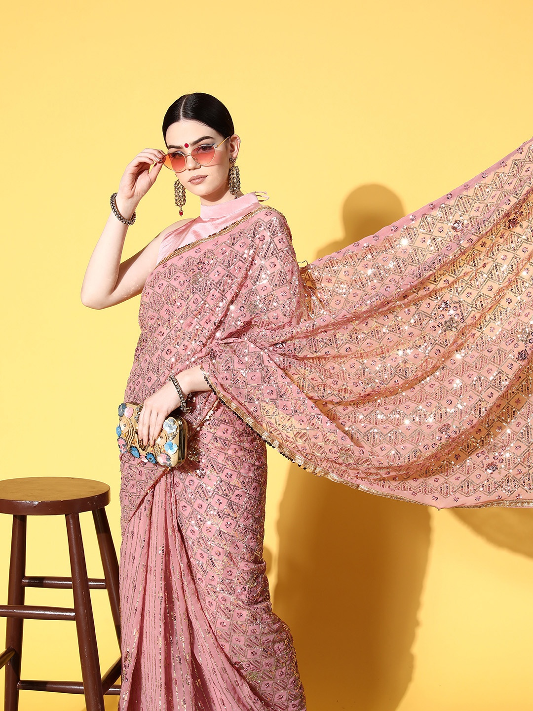 

Mitera Striped Saree with Embellished border, Peach