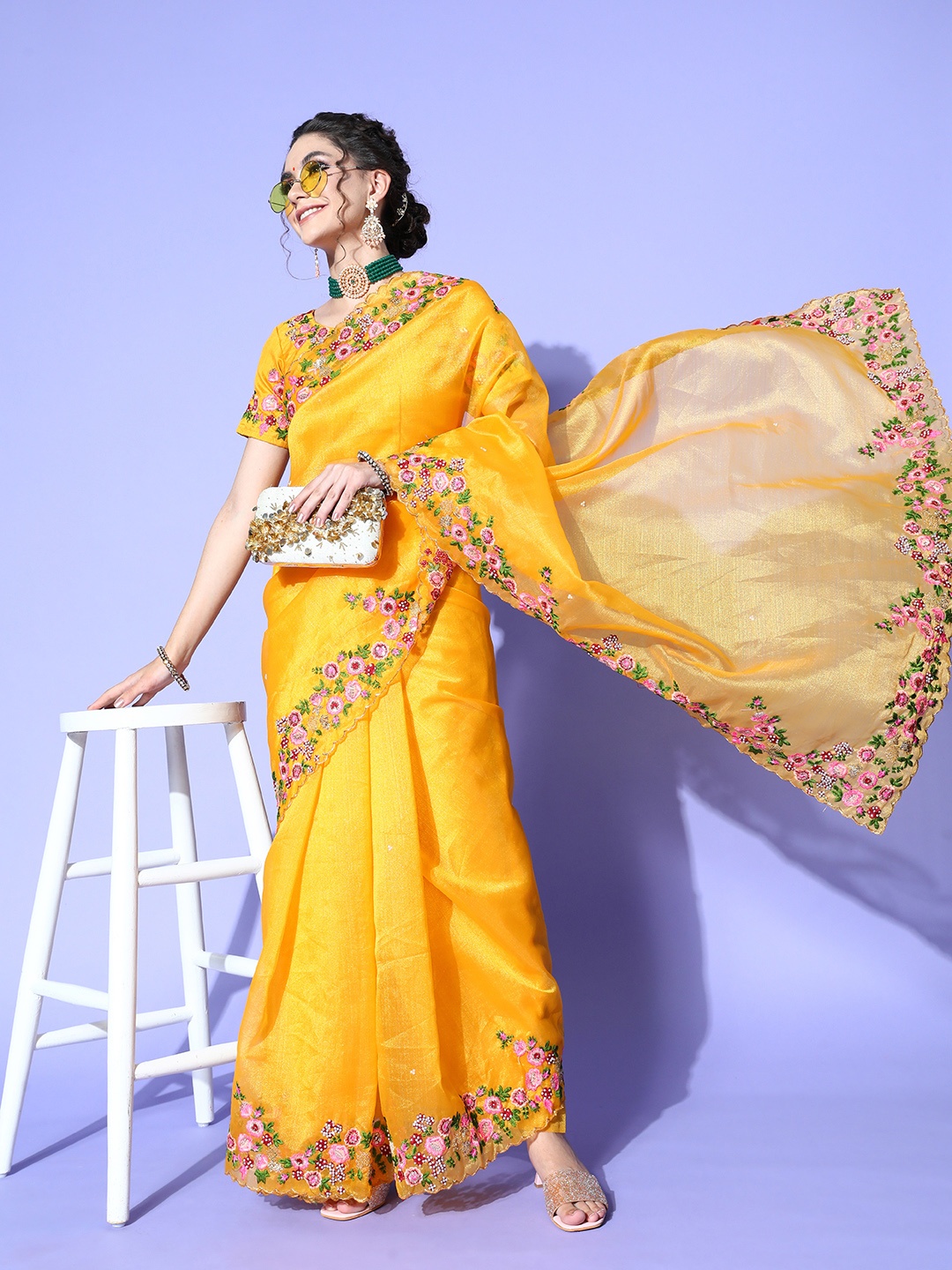 

Mitera Geometric Saree with Embroidered border, Yellow