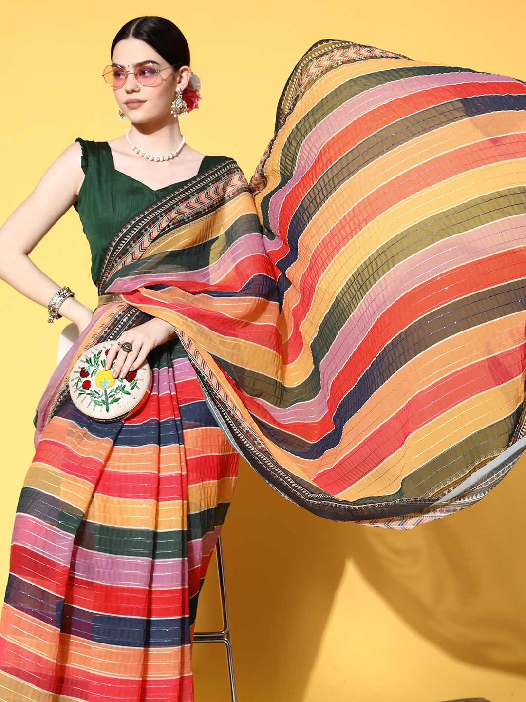 

Mitera Striped Saree with Embroidered border, Multi