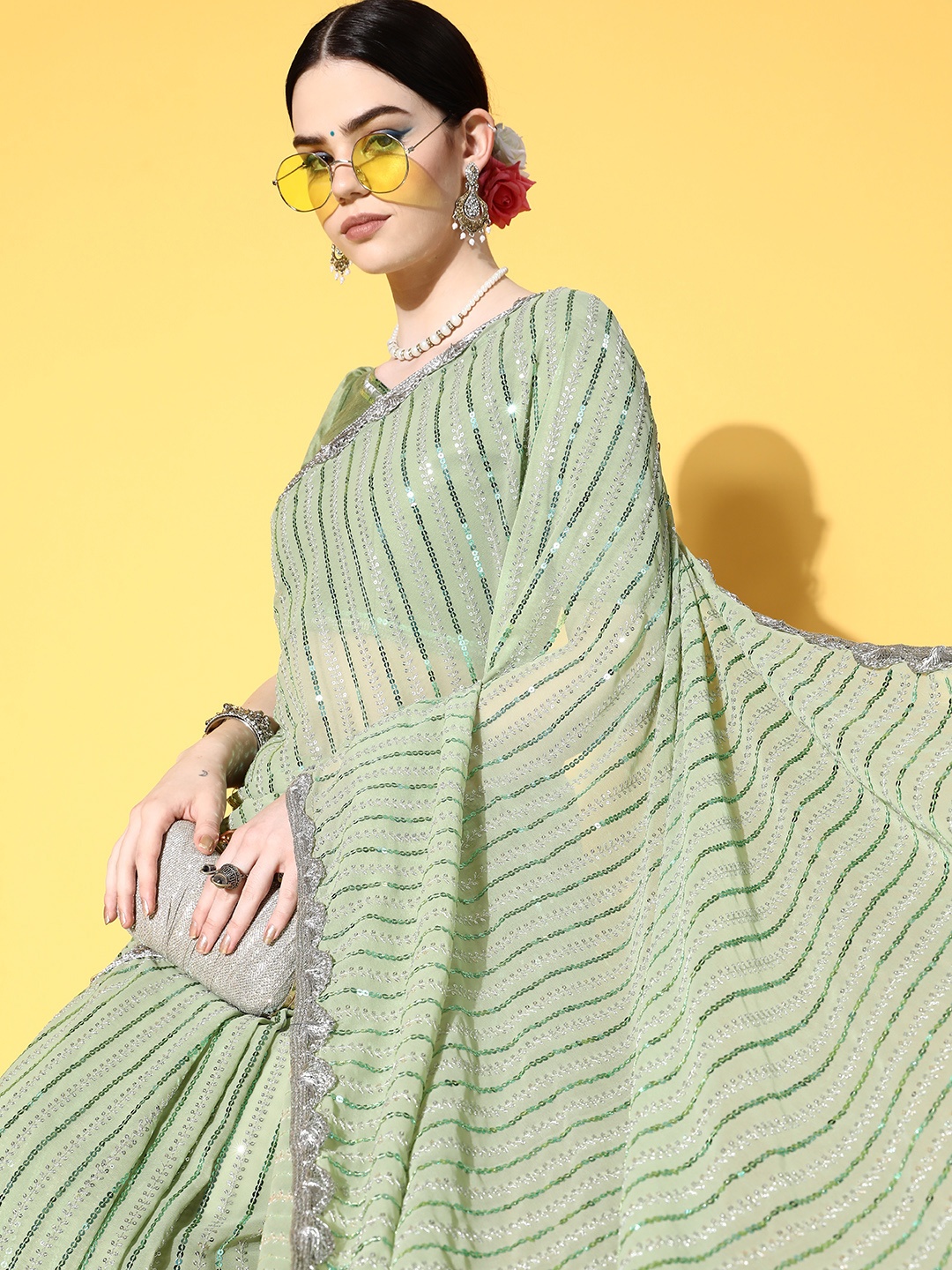 

Mitera Striped Saree with Embroidered border, Green