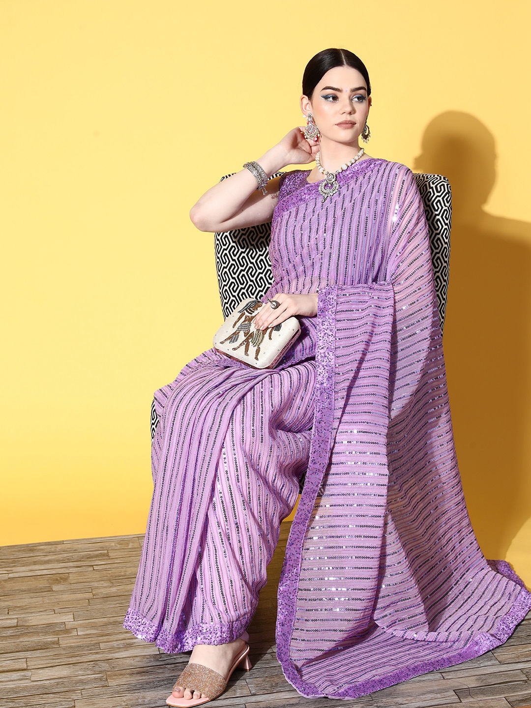 

Mitera Embellished Saree with border, Lavender