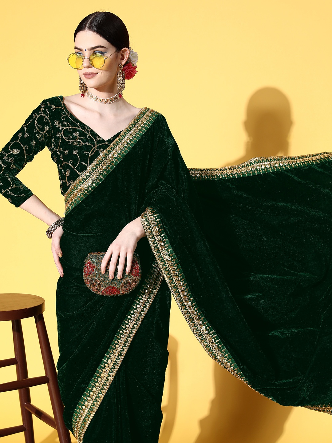 

Mitera Solid Saree with Embroidered border, Olive