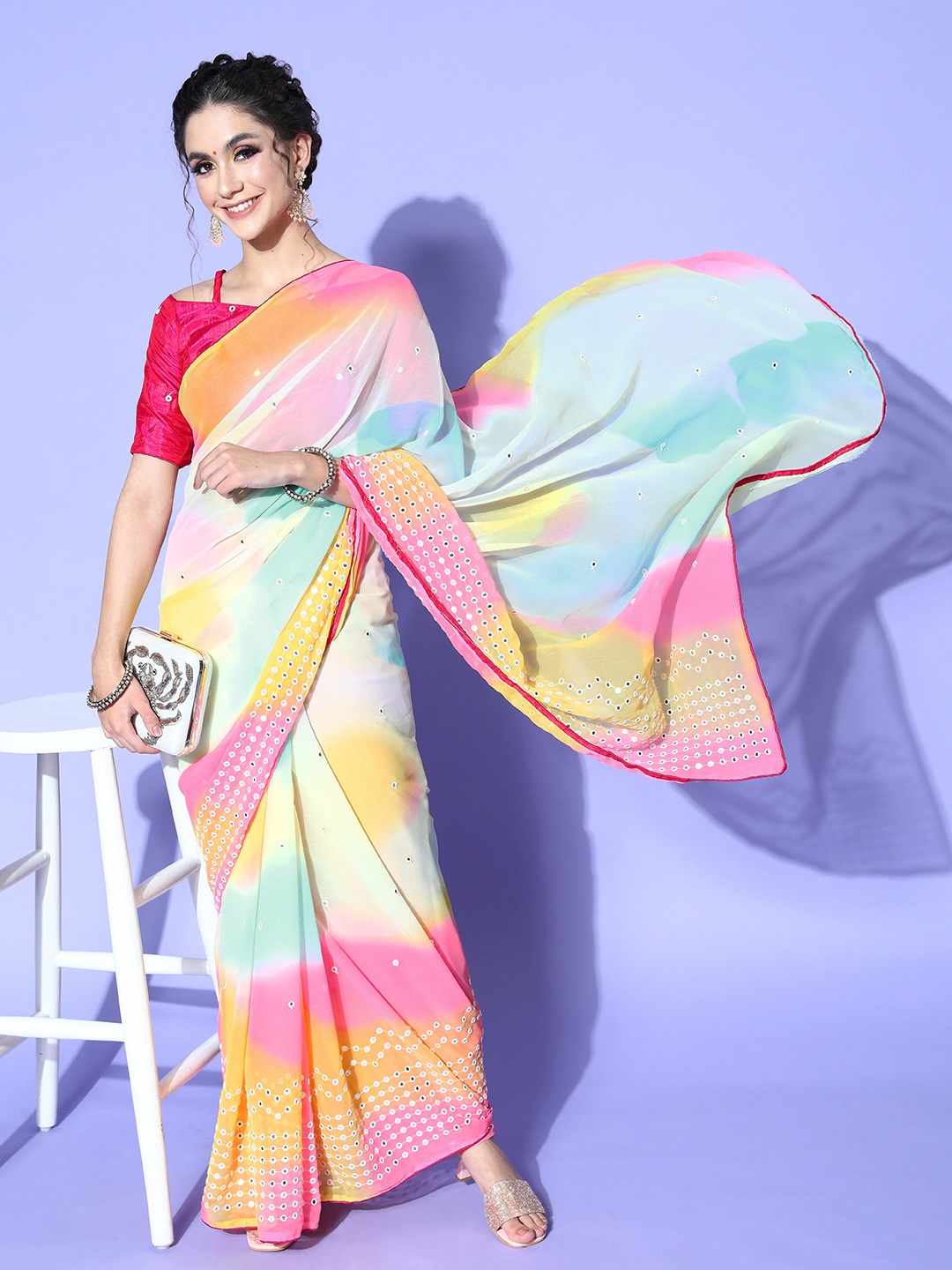 

Mitera Tie and Dye Saree with Embroidered border, Pink