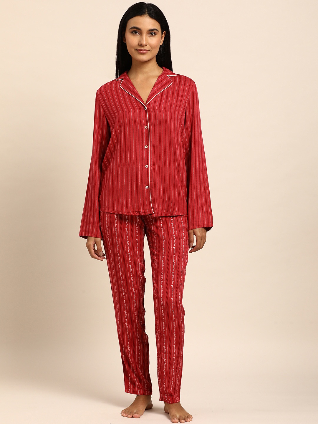 

Triumph Lounge-Me Series Boyfriend Women Striped Night suit, Red