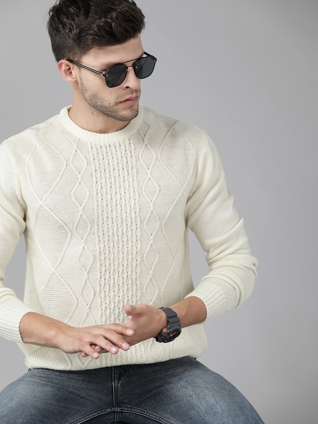 

Roadster Men Off White Self Design Pullover