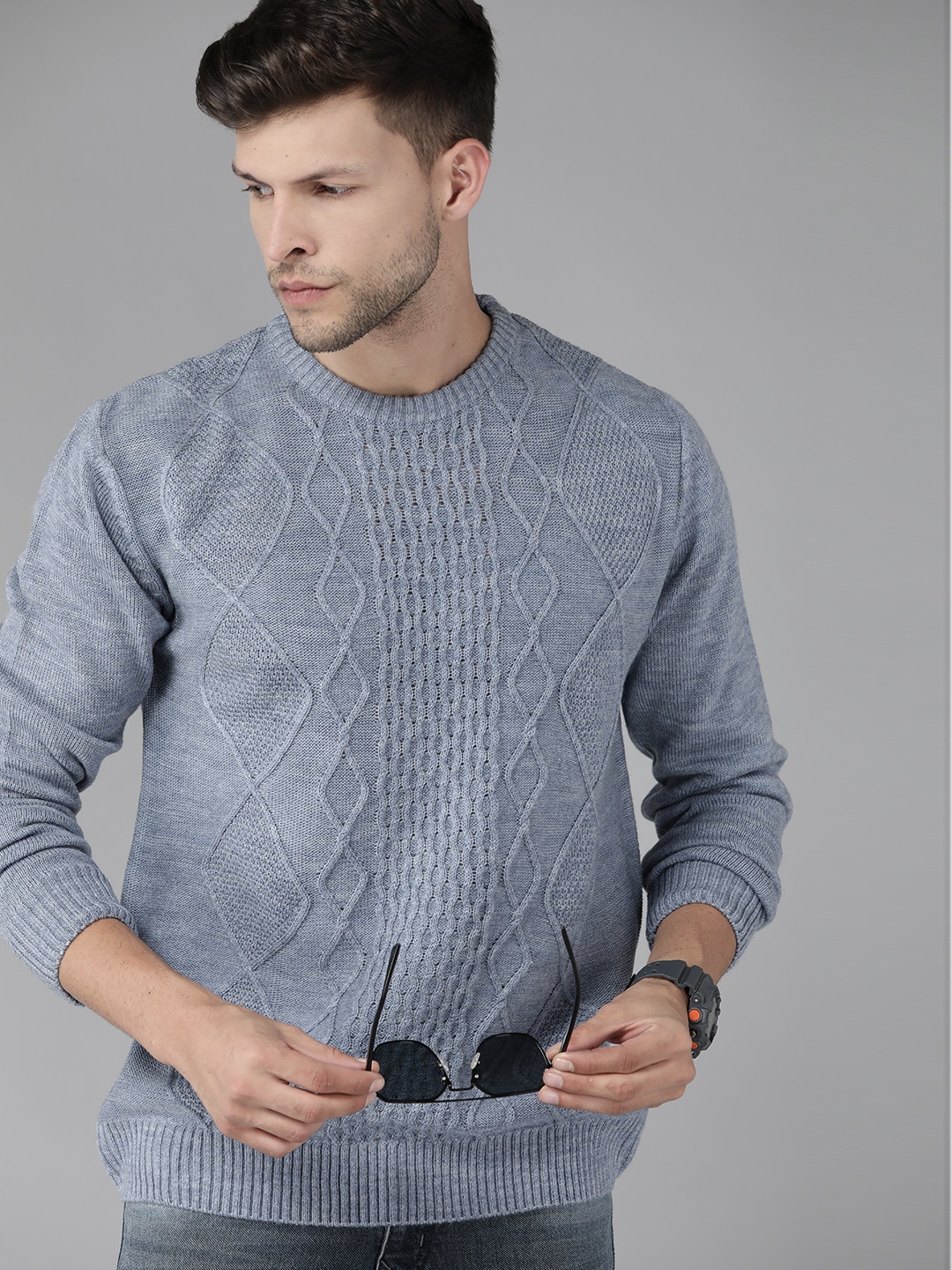 

Roadster Men Blue Self Design Pullover