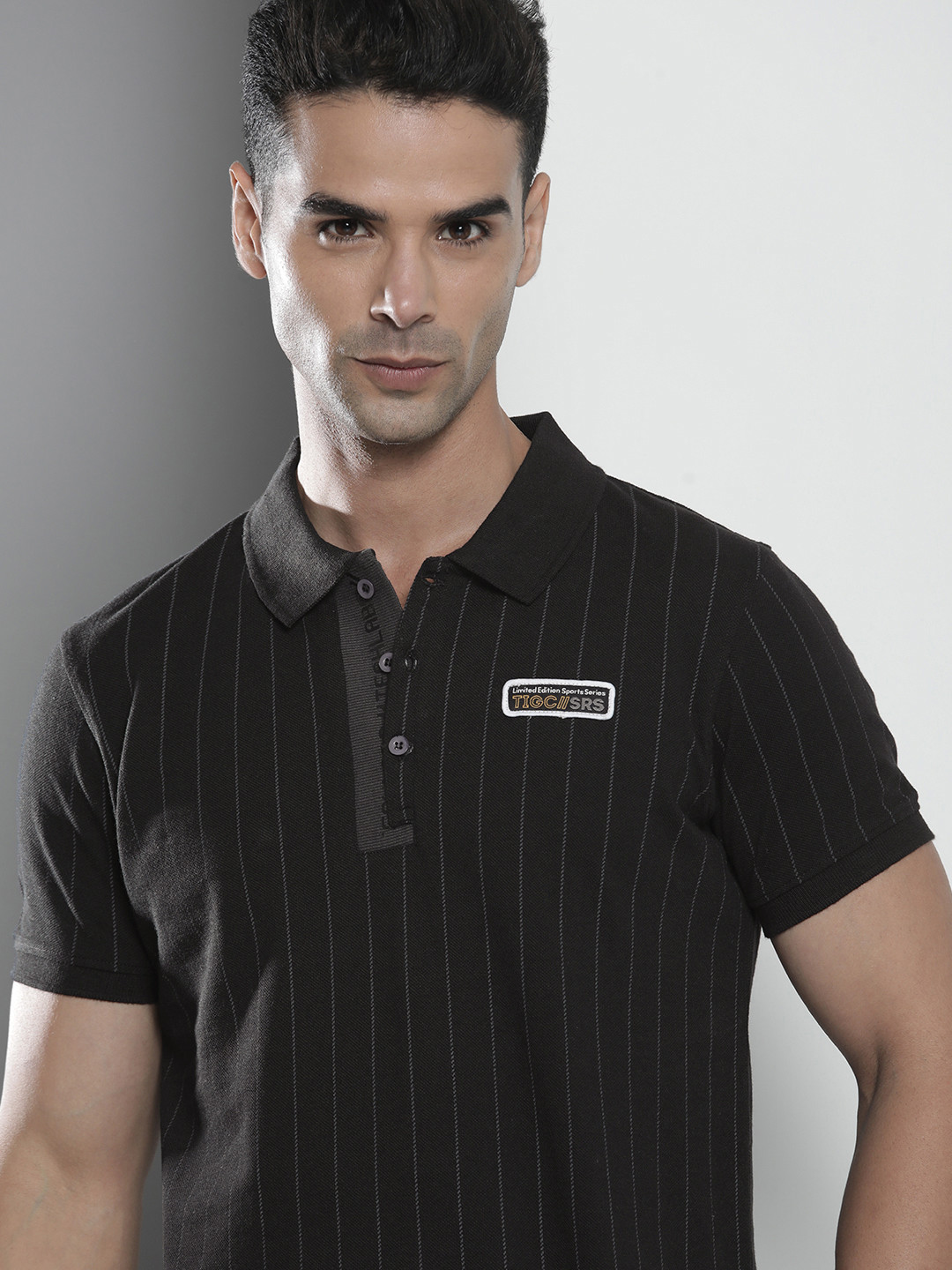 

The Indian Garage Co Men Black Striped Polo Collar T-shirt