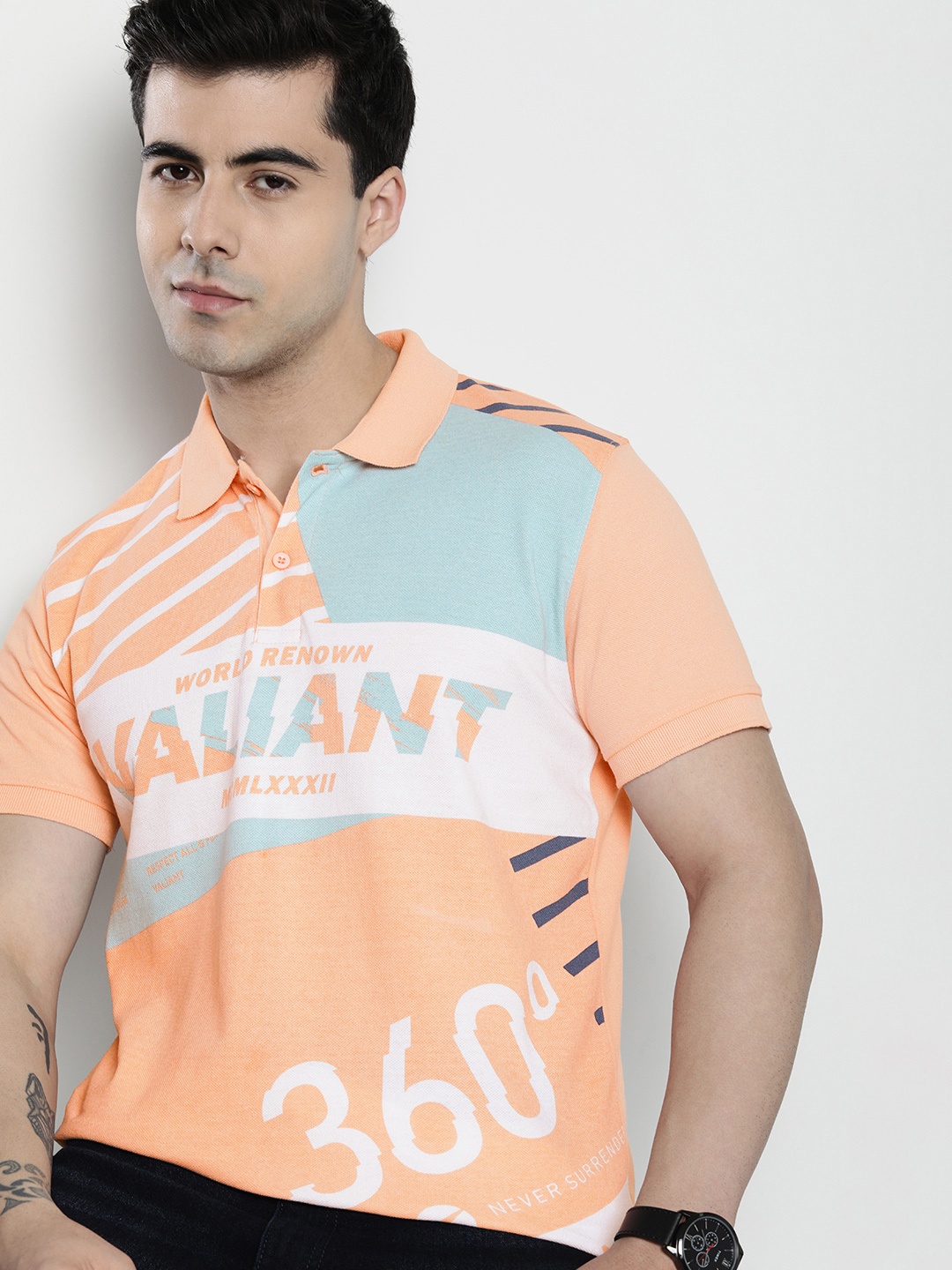 

The Indian Garage Co Colourblocked Polo Collar T-shirt, Peach