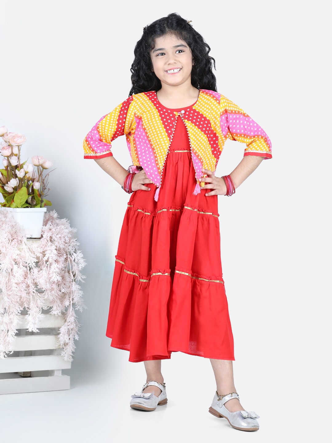 

Here&Now X Kinder Kids Red & Gold-Toned Ethnic A-Line Midi Dress