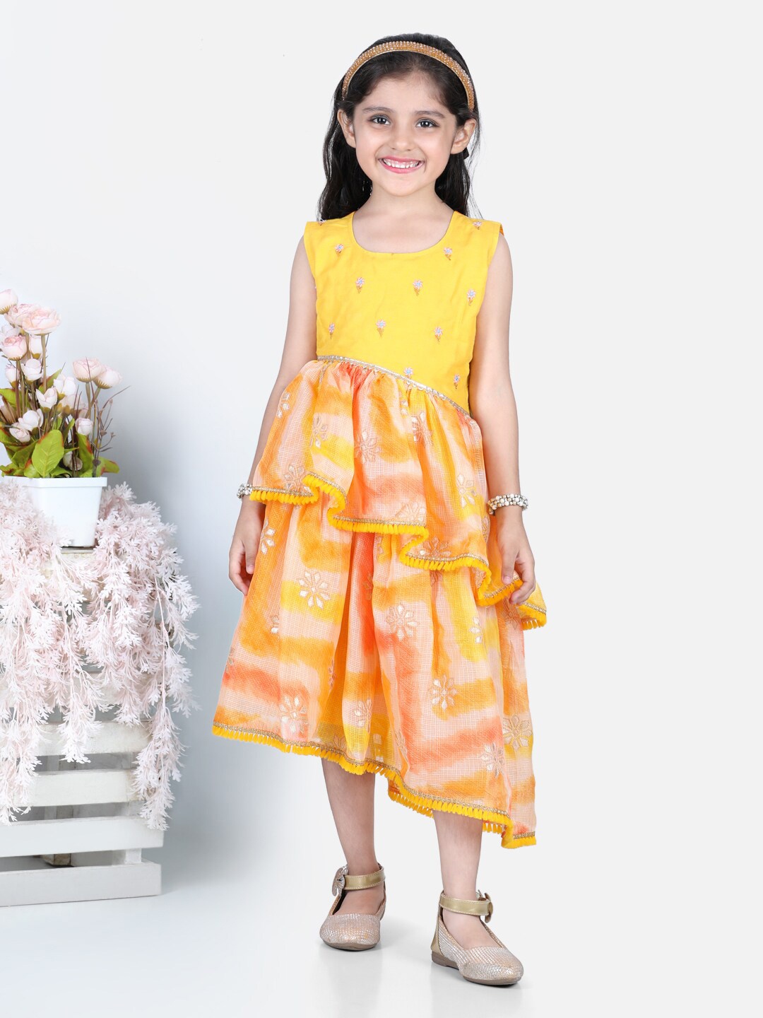 

Kinder Kids Yellow & Orange Floral Printed Cotton Midi Dress