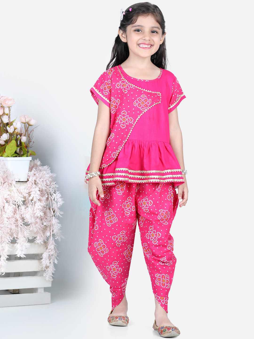 

Kinder Kids Girls Printed Pure Cotton Kurti with Dhoti Pants, Pink