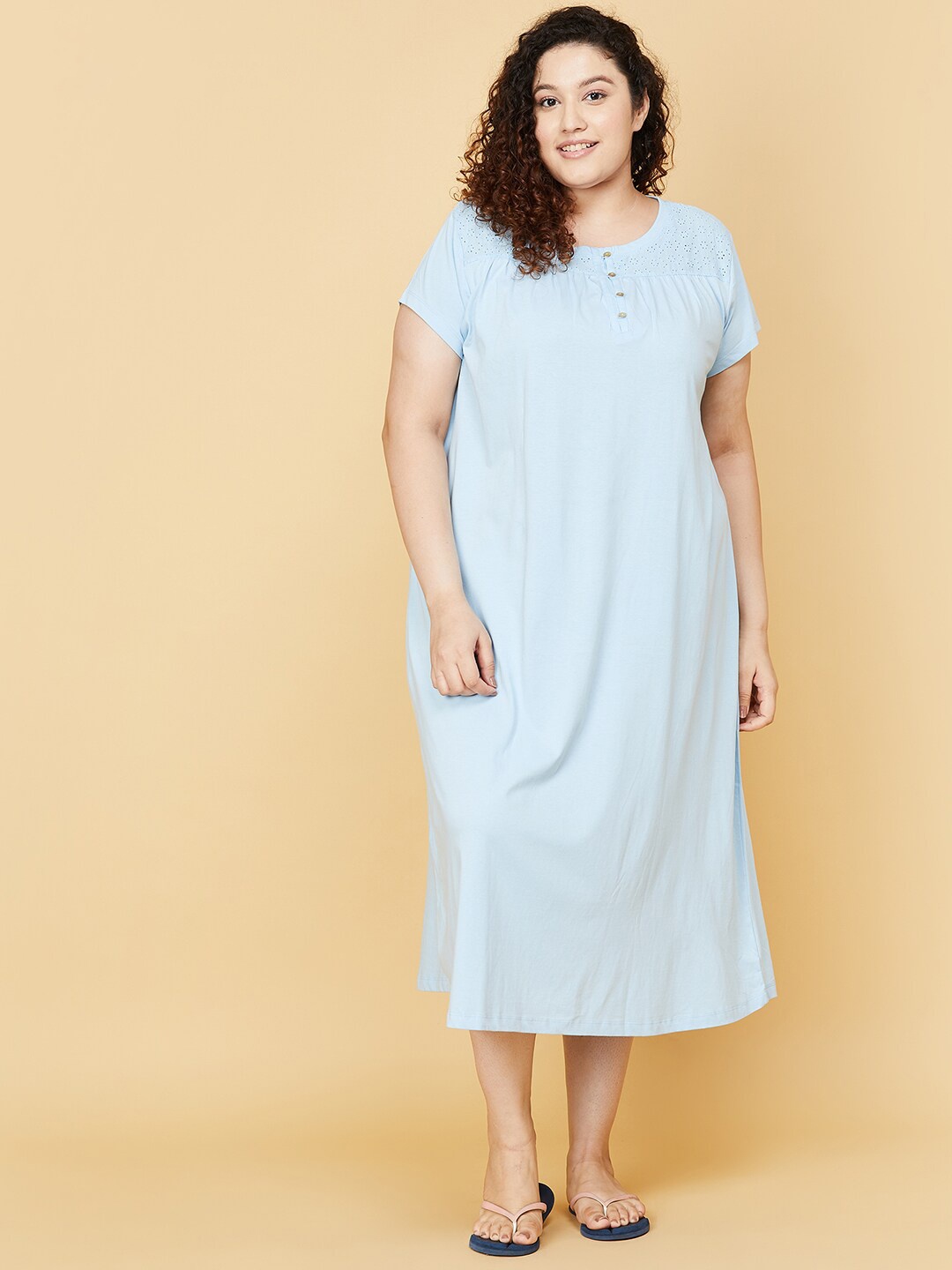 

max Women Plus Size Blue Solid Pure Cotton Nightdress