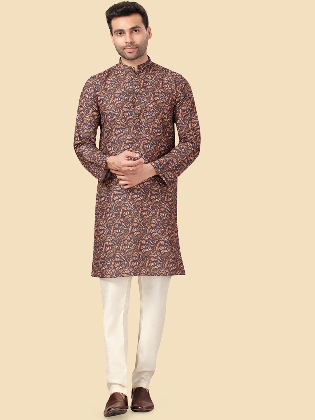 

HERE&NOW Men Navy Blue & Brown Ethnic Motifs Printed Kurta