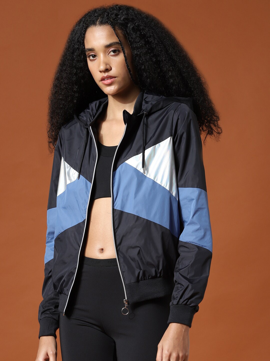 

ONLY PLAY Women Blue Colourblocked Training or Gym Bomber Jacket