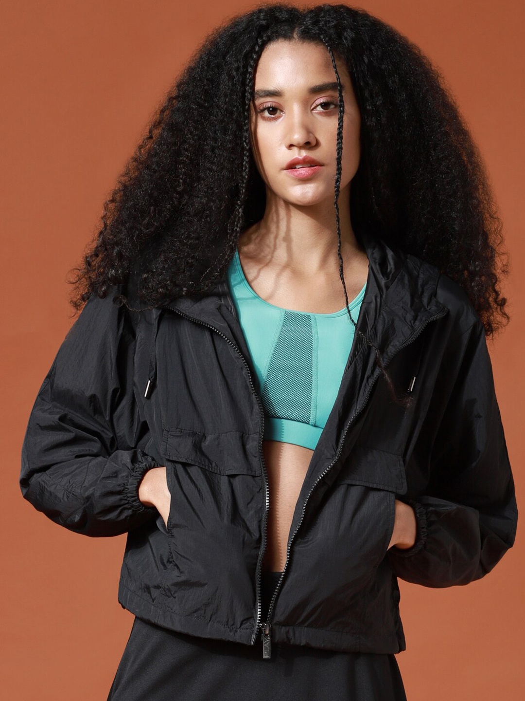 

ONLY PLAY Women Black Crop Training or Gym Bomber Jacket