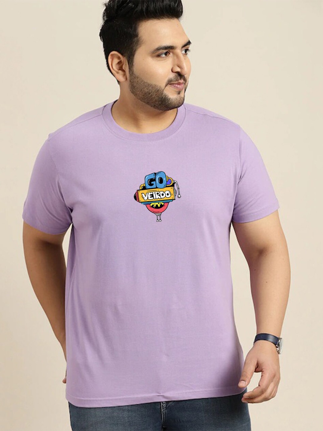 

VEIRDO Men Purple Plus Size Printed Oversized Short Sleeves T-shirt