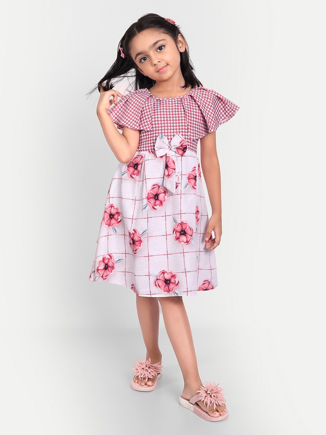 

MYY Girls Red & Grey Floral Crepe Dress