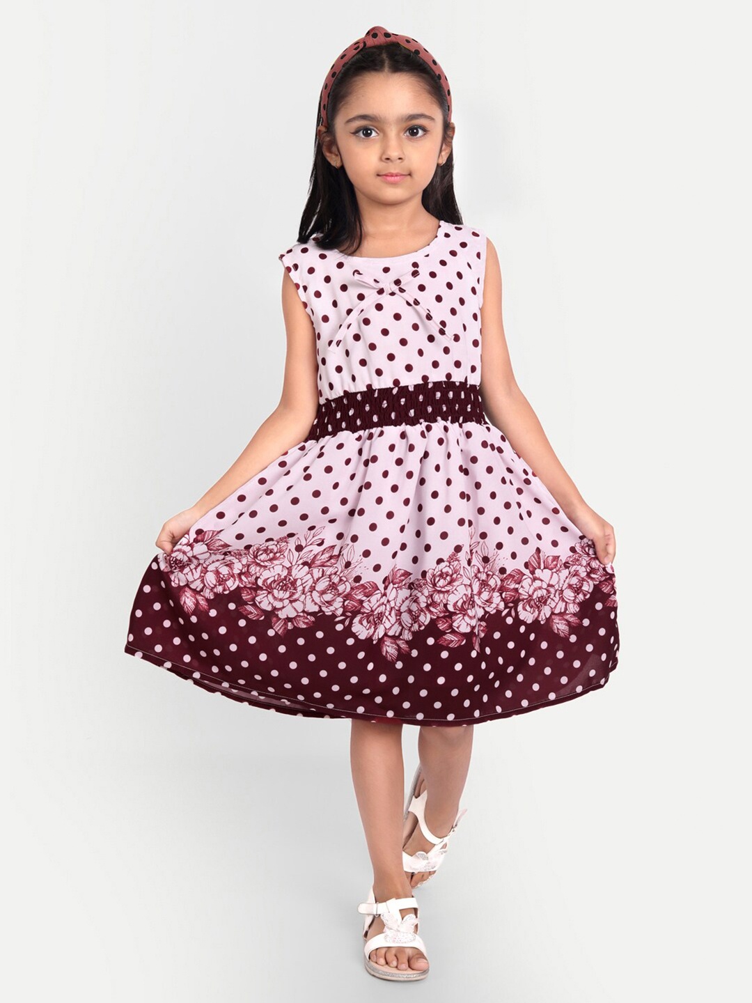 

MYY Maroon & White Crepe Printed Fit and Flare Dress