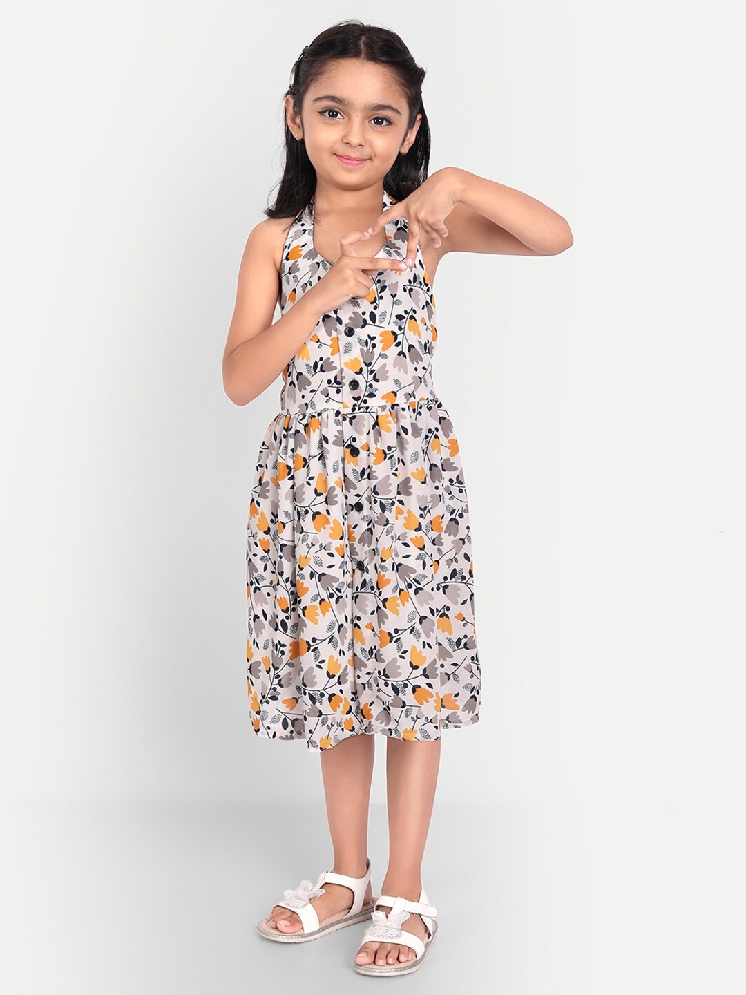 

MYY Grey & Yellow Floral Halter Neck Georgette Midi Dress