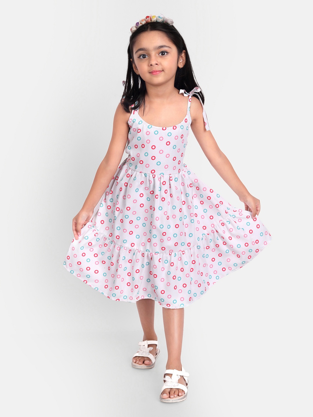 

MYY White & Pink Polka Dot Printed Crepe Dress