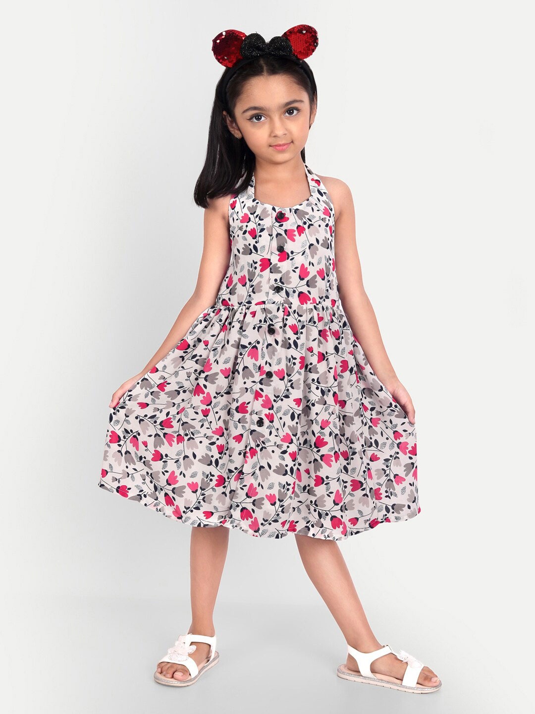 

MYY Girls Pink & Off White Floral Halter Neck Georgette Dress