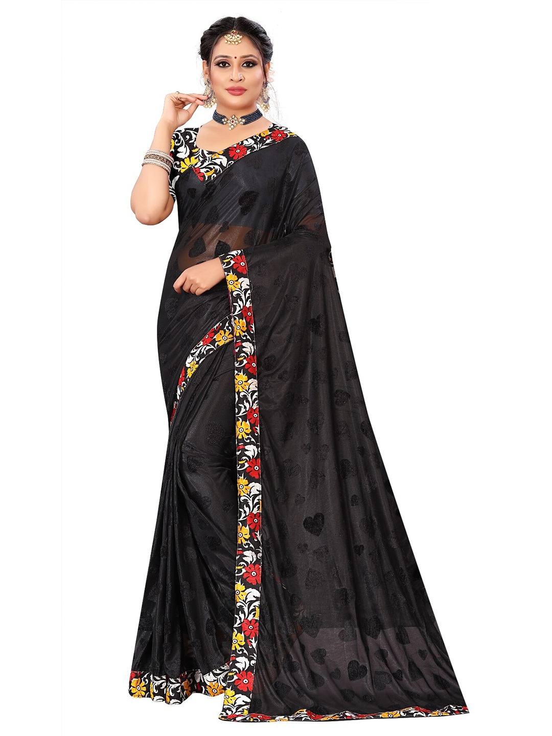 

BIRVAA Black & Red Floral Printed Art Silk Saree