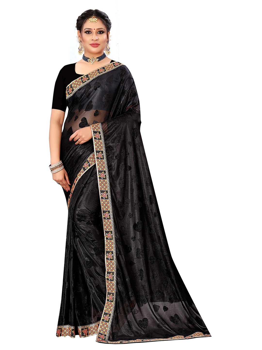 

BIRVAA Black & Red Floral Printed Embroidered Saree
