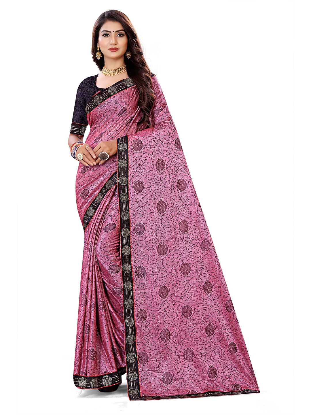

BIRVAA Pink & Black Printed Embellished Saree