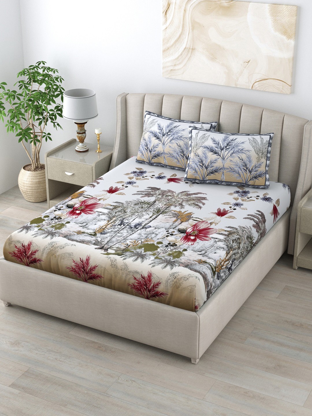 

LIVING ROOTS White & Green Floral 160 TC King Bedsheet with 2 Pillow Covers