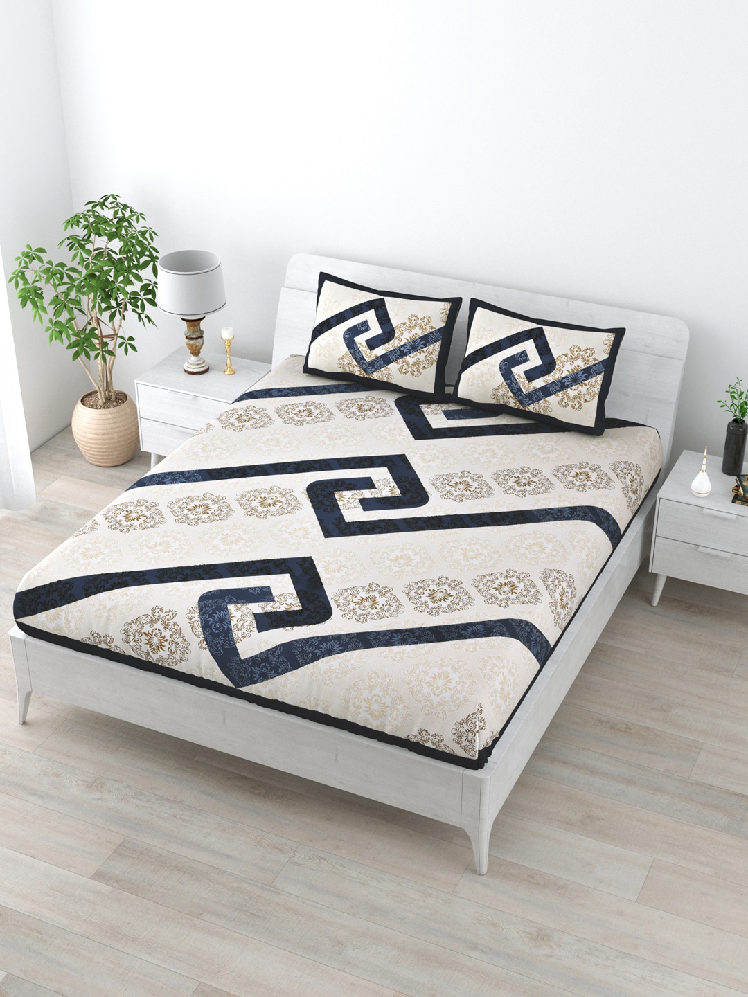 

LIVING ROOTS Brown & Blue Floral 160 TC King Bedsheet with 2 Pillow Covers