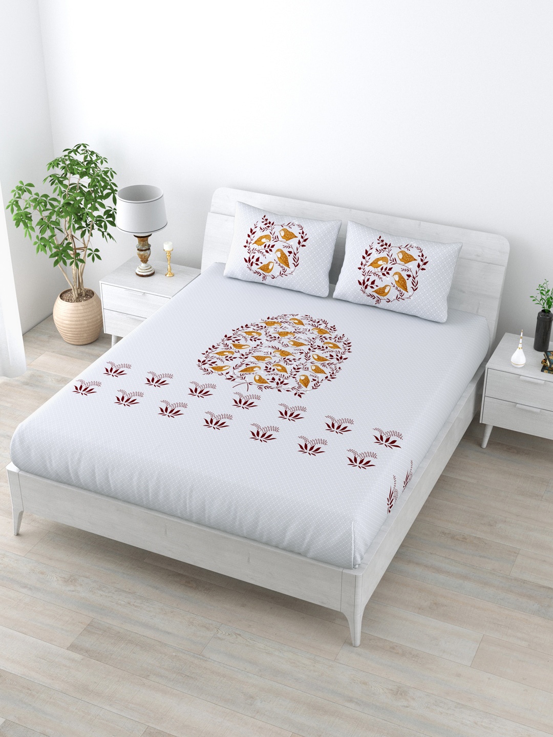 

LIVING ROOTS Grey & Mustard Floral 160 TC King Bedsheet with 2 Pillow Covers