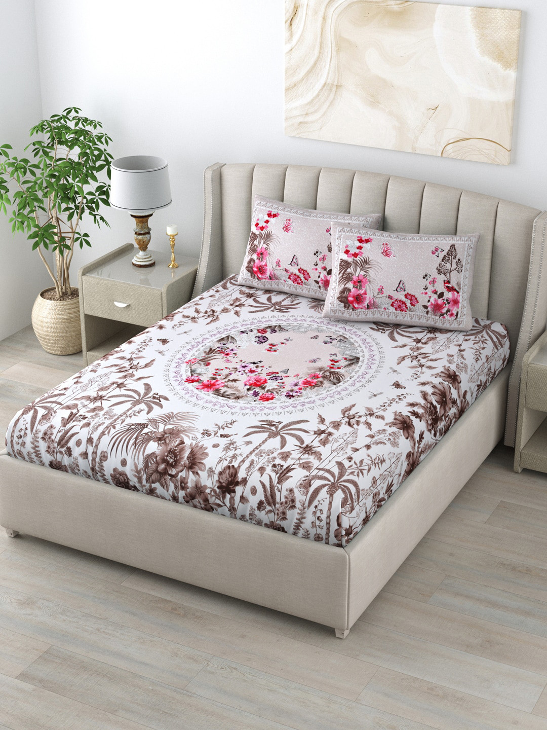 

LIVING ROOTS White & Brown Floral 160 TC King Bedsheet with 2 Pillow Covers