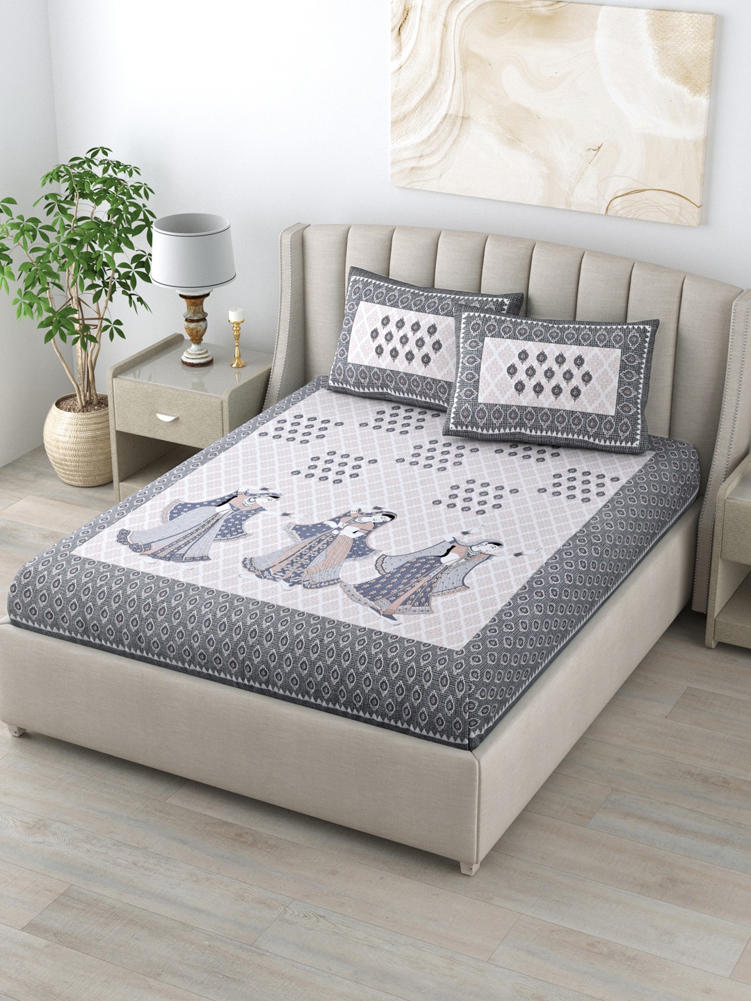 

LIVING ROOTS Grey & Beige Ethnic Motifs 160 TC King Bedsheet with 2 Pillow Covers