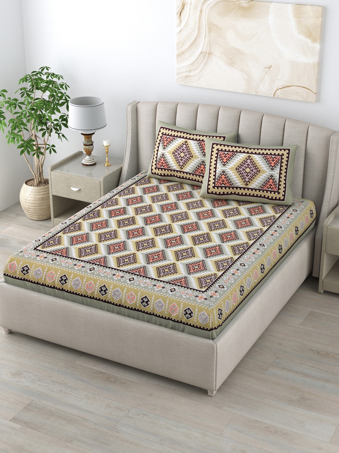 

LIVING ROOTS Grey & Black Geometric 160 TC King Bedsheet with 2 Pillow Covers