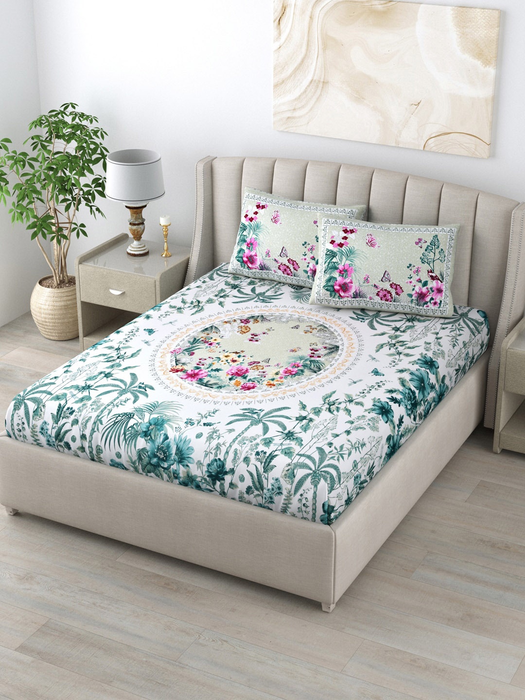 

LIVING ROOTS White & Green Floral 160 TC King Bedsheet with 2 Pillow Covers