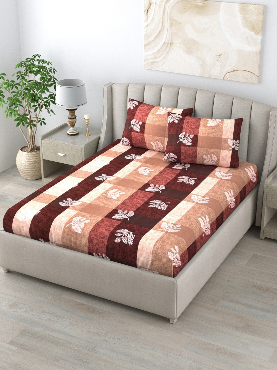 

LIVING ROOTS Brown & Beige Floral 120 TC Queen Bedsheet with 2 Pillow Covers