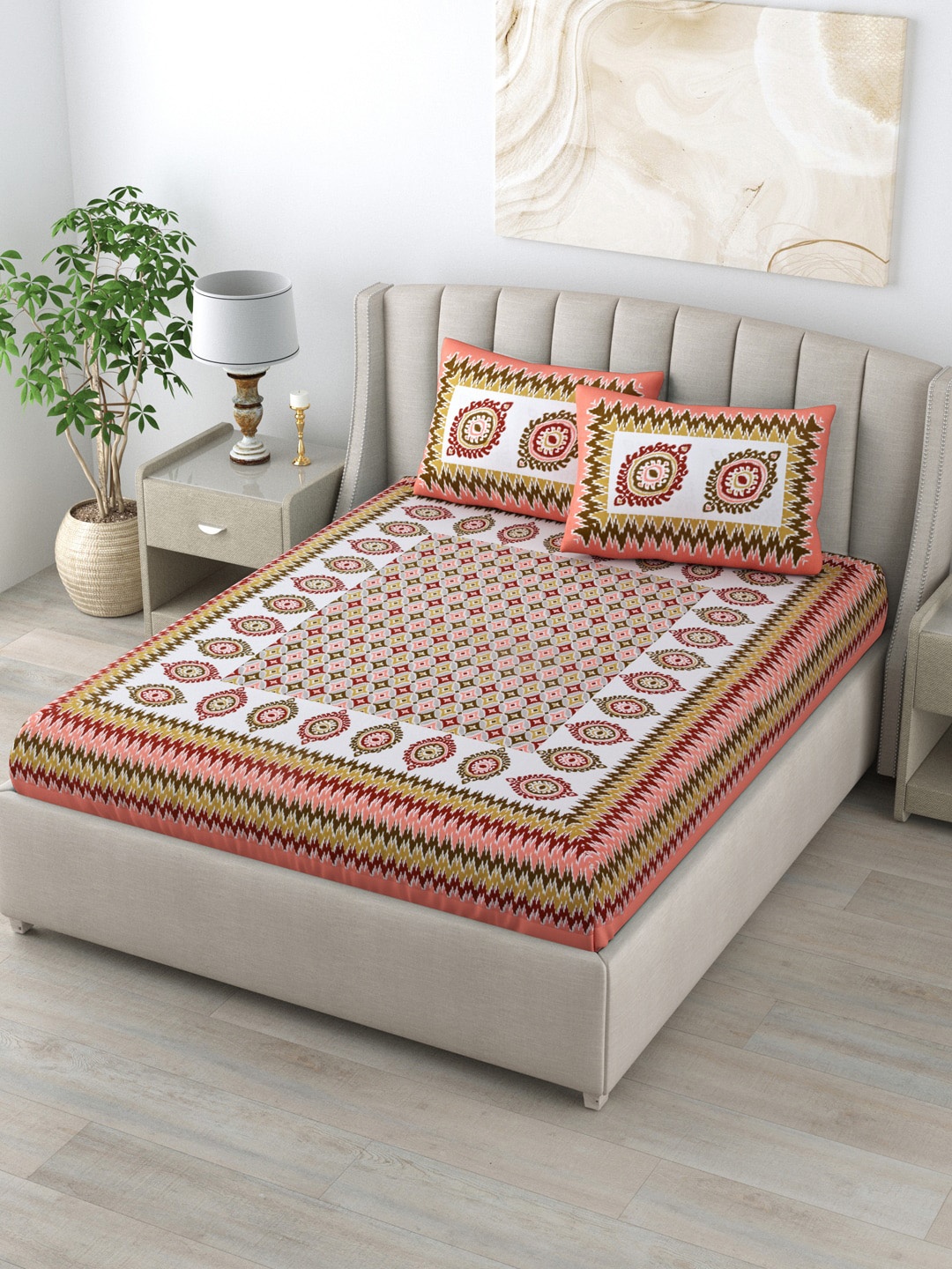 

LIVING ROOTS Pink & Blue Ethnic Motifs 160 TC King Bedsheet with 2 Pillow Covers