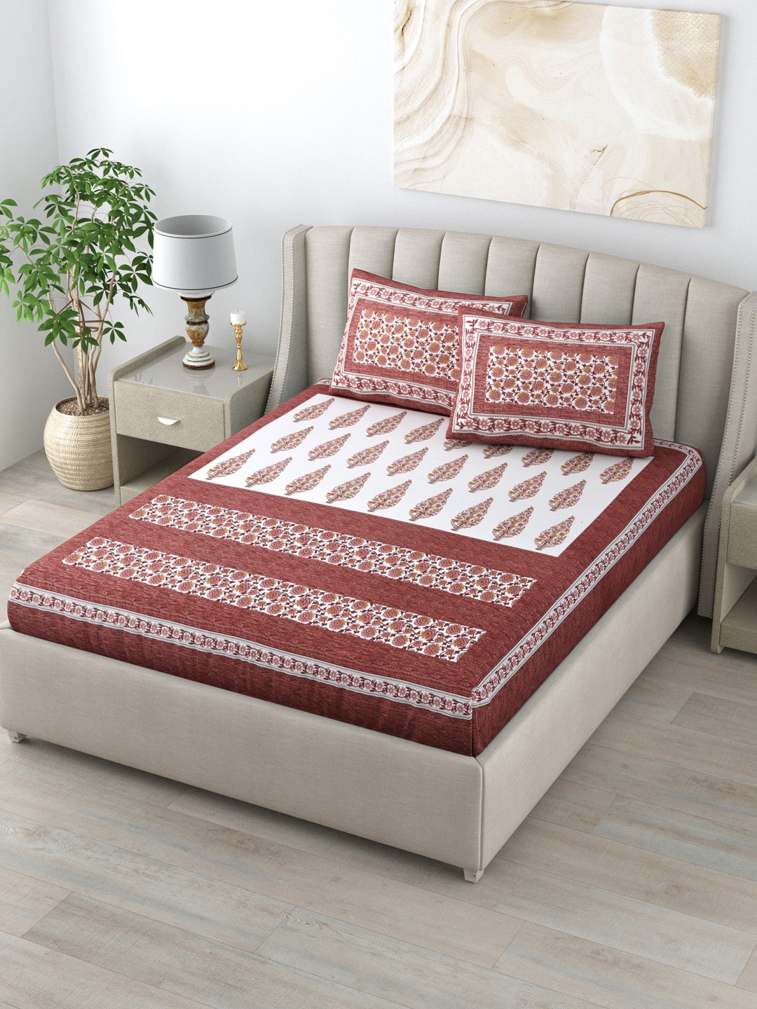 

LIVING ROOTS White & Rust Ethnic Motifs 160 TC King Bedsheet with 2 Pillow Covers