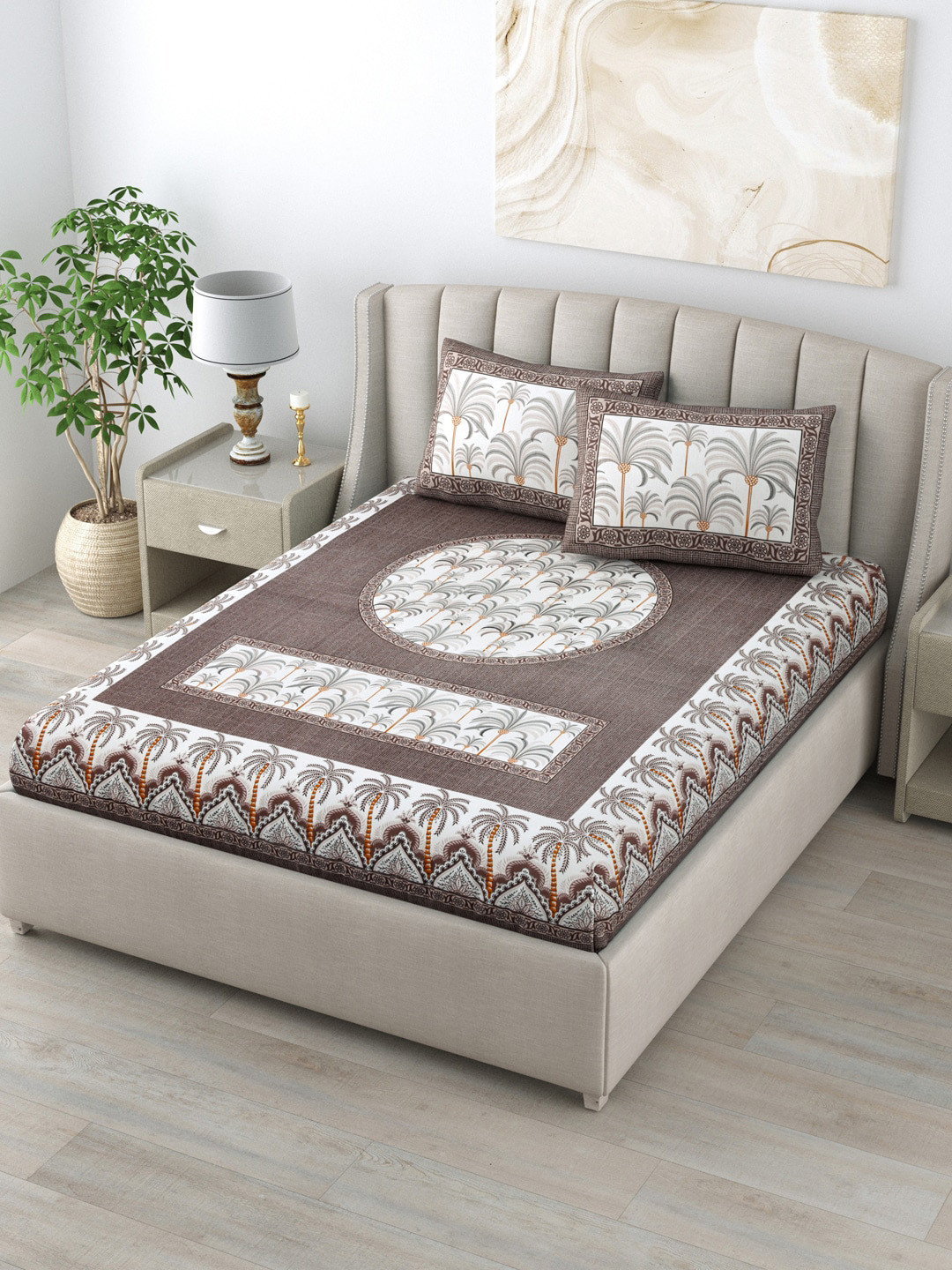

LIVING ROOTS Brown & Off White Floral 160 TC King Bedsheet with 2 Pillow Covers