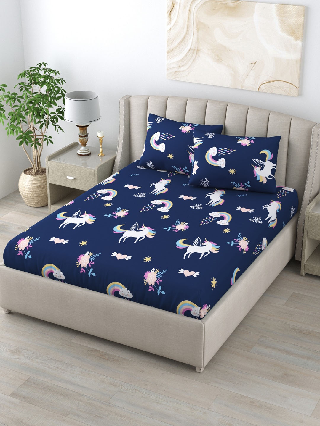 

LIVING ROOTS Navy Blue & White Cartoon Characters 120 TC Queen Bedsheet with 2 Pillow Covers